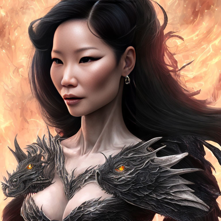 Asian woman with dark hair and dramatic makeup with two black dragons on fiery background.