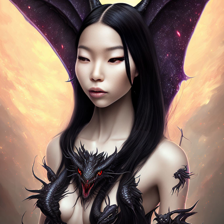 Fantasy portrait of a woman with dragon-like features and cosmic backdrop