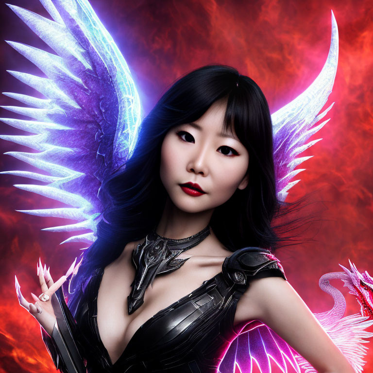 Dark-haired woman in fantasy armor with neon blue angel wings against fiery backdrop