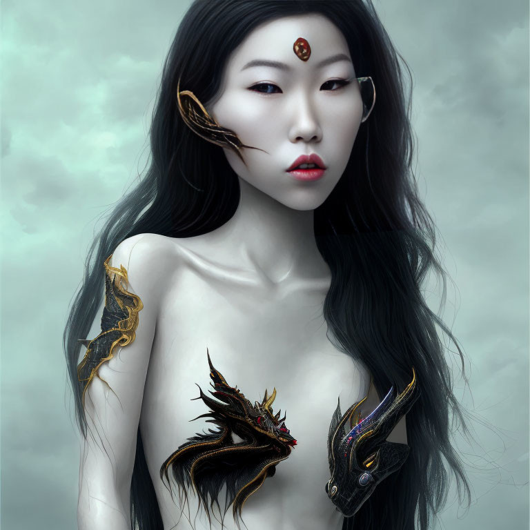 Portrait of a woman with pale skin, black hair, red lips, red bindi, golden dragon