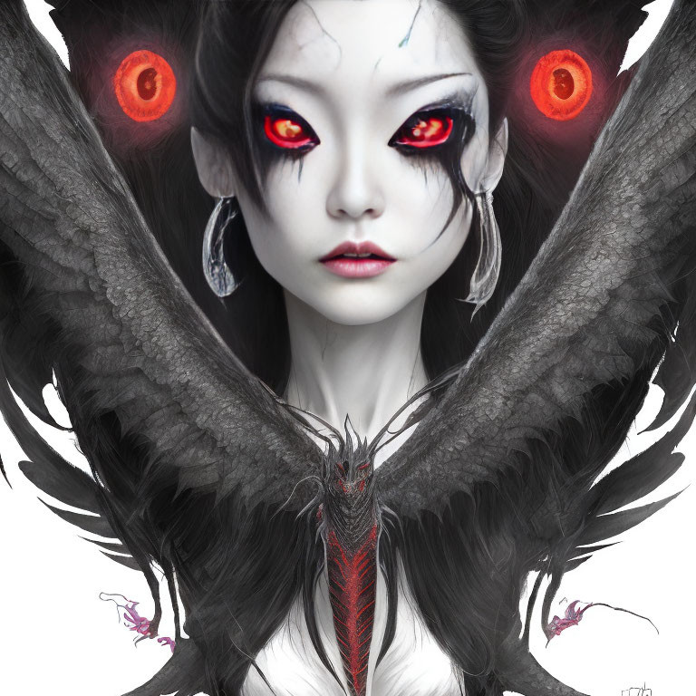 Gothic fantasy art: Pale-skinned woman with red eyes and black wings