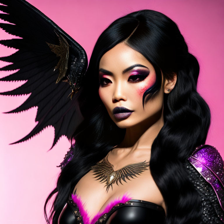 Dark-haired woman with dramatic makeup and winged shoulder piece on pink background