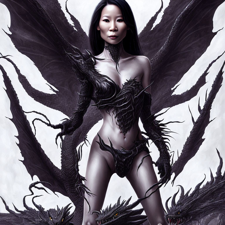 Fantasy portrait of woman with black dragon-like wings and armor