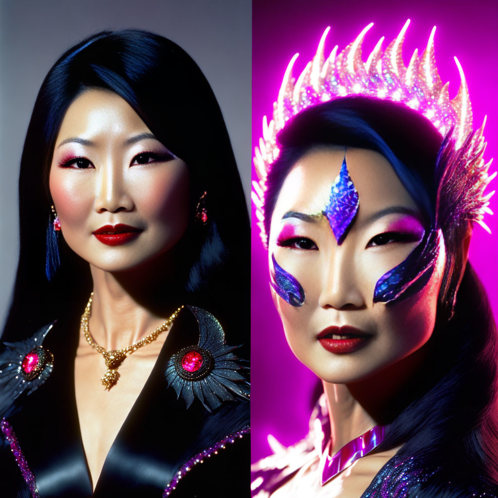 Split-image portrait of a woman with contrasting makeup styles under purple light