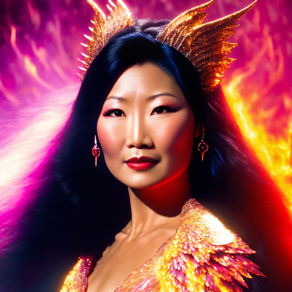 Woman in Golden Winged Attire Against Purple and Orange Flames