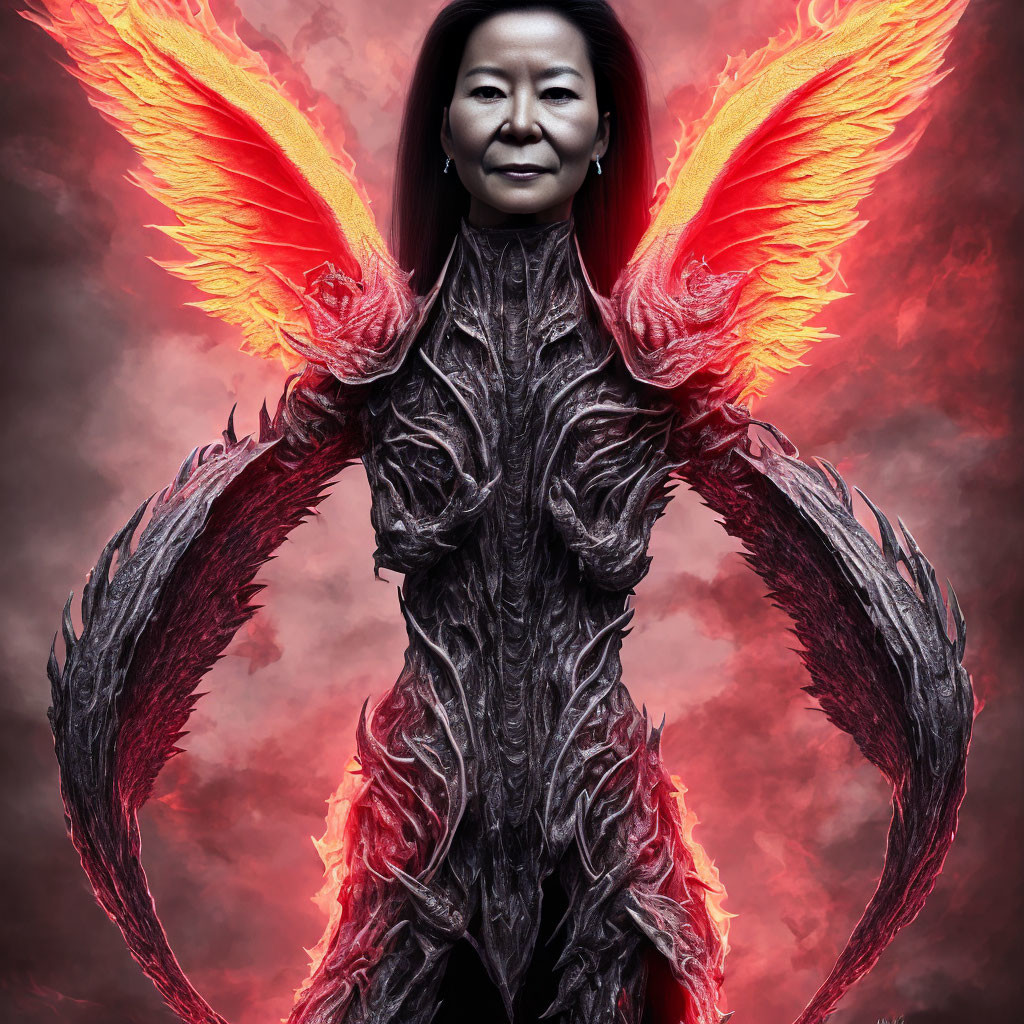 Fantasy creature woman with fiery wings and dark armor on red backdrop
