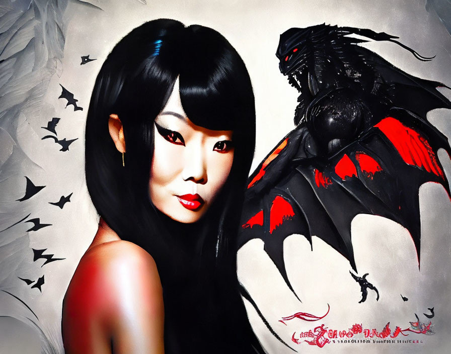 Stylized artwork of woman, black hair, dragon, red accents, bat silhouettes