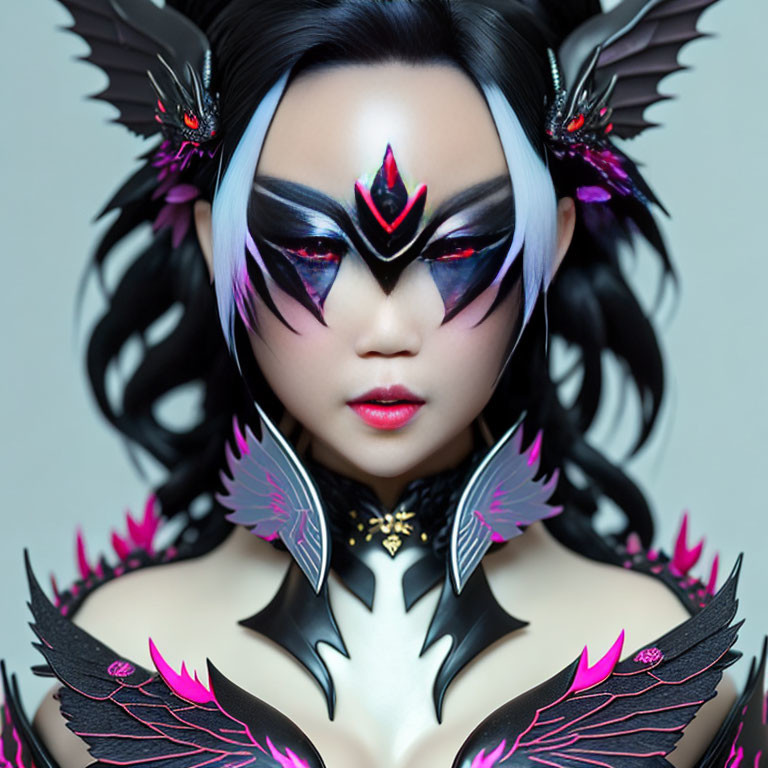 Elaborate Black, Pink, and White Fantasy Makeup and Costume with Feather Adornments
