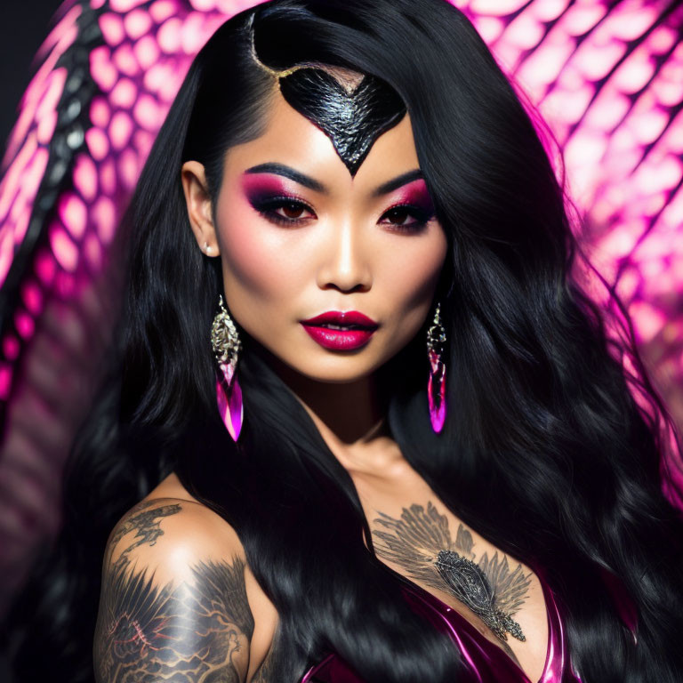 Confident woman with striking makeup and tattoos against pink patterned background
