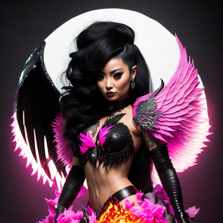 Dark Hairstyle and Winged Accessories on Person in Black and Pink Attire