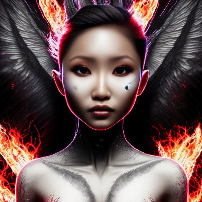 Digital artwork: Woman with dark angel wings, fiery effects, red hair highlights, glowing ethereal lines