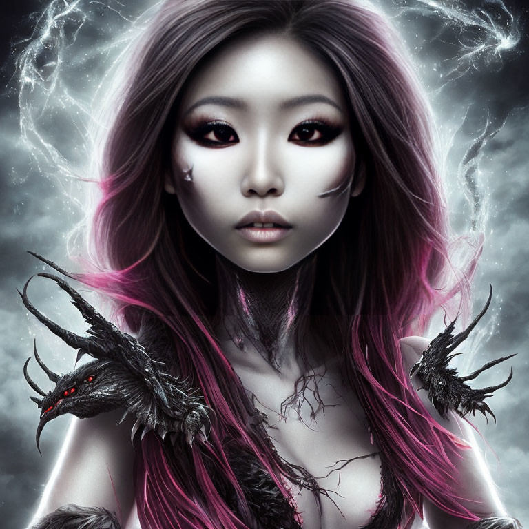 Fantasy portrait featuring woman with pink hair and red eyes, surrounded by mystical creatures.