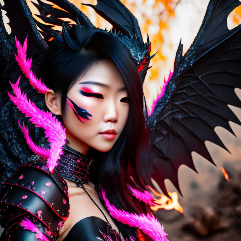 Elaborate fantasy costume with black wings and pink feathers on fiery backdrop