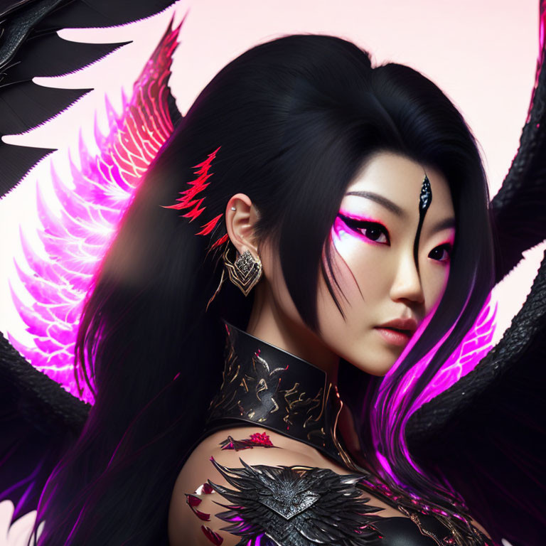 Digital Artwork: Woman with Black Hair and Pink Glowing Eyes in Elaborate Winged Att