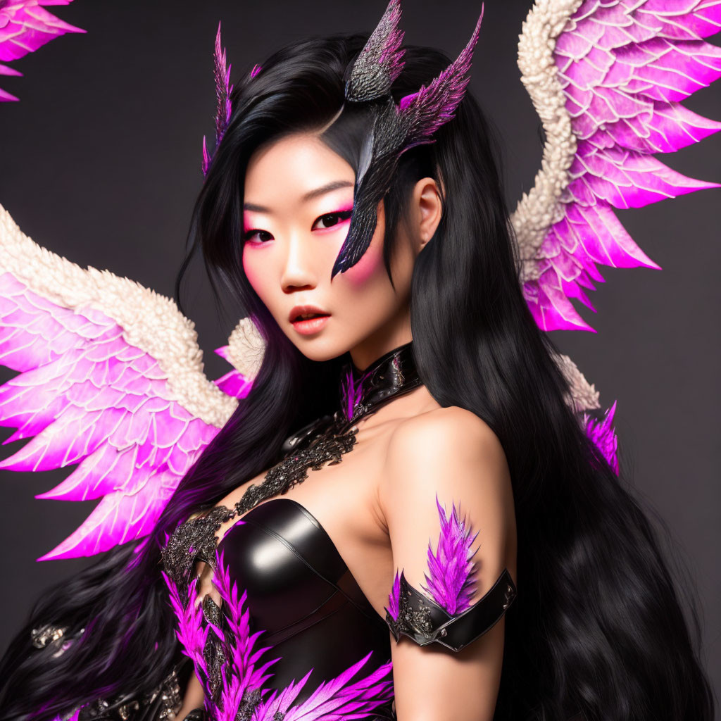 Woman in Dark Feathered Costume with Pink Luminescent Wings