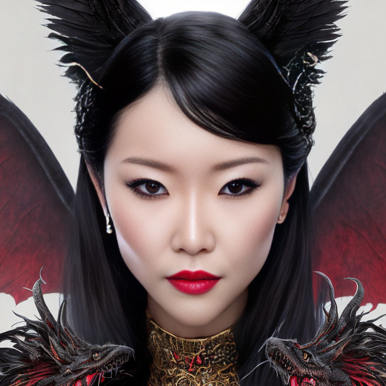 Woman with Red Lips and Dragon Accessories in Mystical Attire
