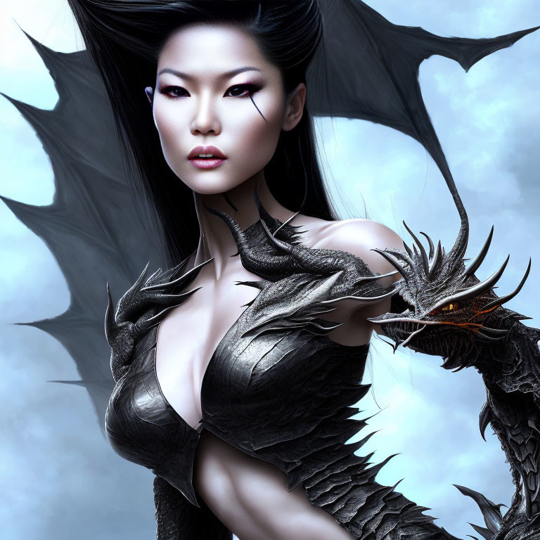 Fantastical woman with dragon wings and armor in cloudy sky