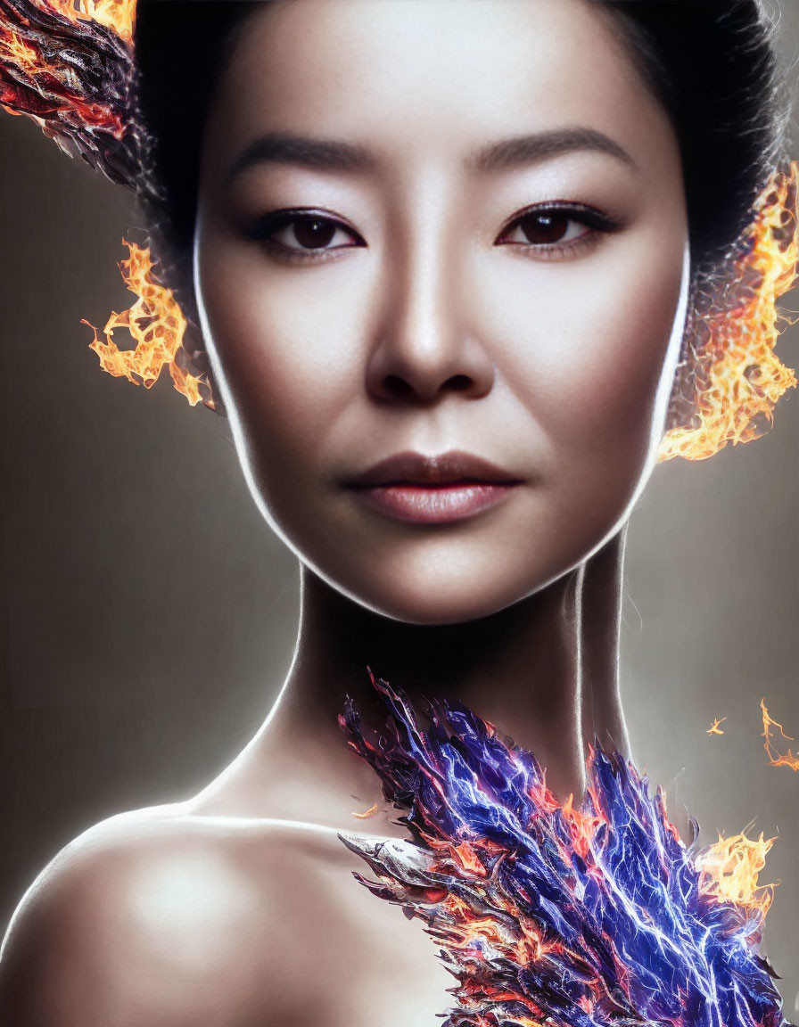 Woman with subtle makeup adorned with digital flames and feather-like elements.