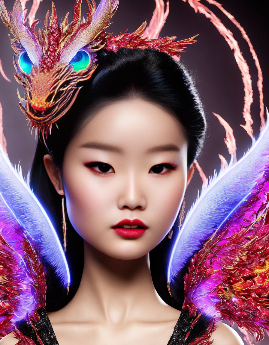 Woman with dramatic makeup and red lipstick beside fiery dragon and wing graphics