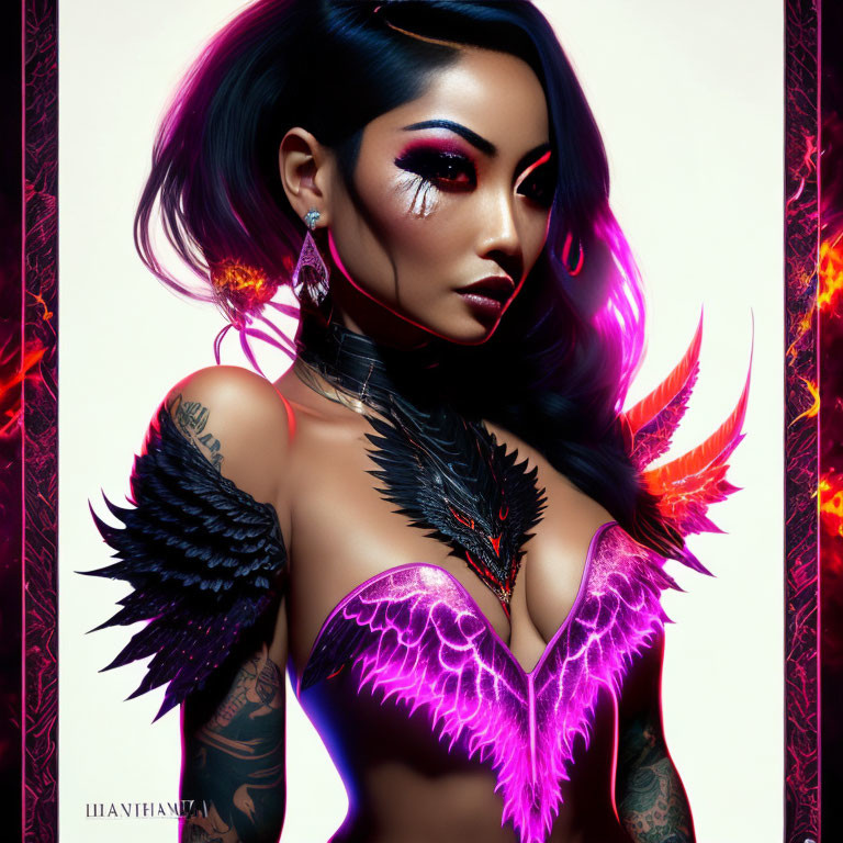 Vibrant pink and purple hair, dramatic makeup, fantasy tattoos with flame motif