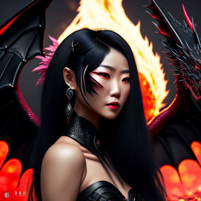 Dark-haired woman with red eyes and dramatic makeup in front of fiery backdrop with black and red dragon.