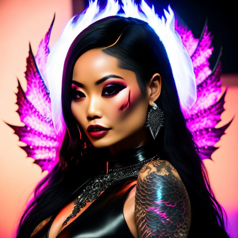 Woman with dramatic makeup and tattoos in latex outfit with winged accessories on colorful backdrop