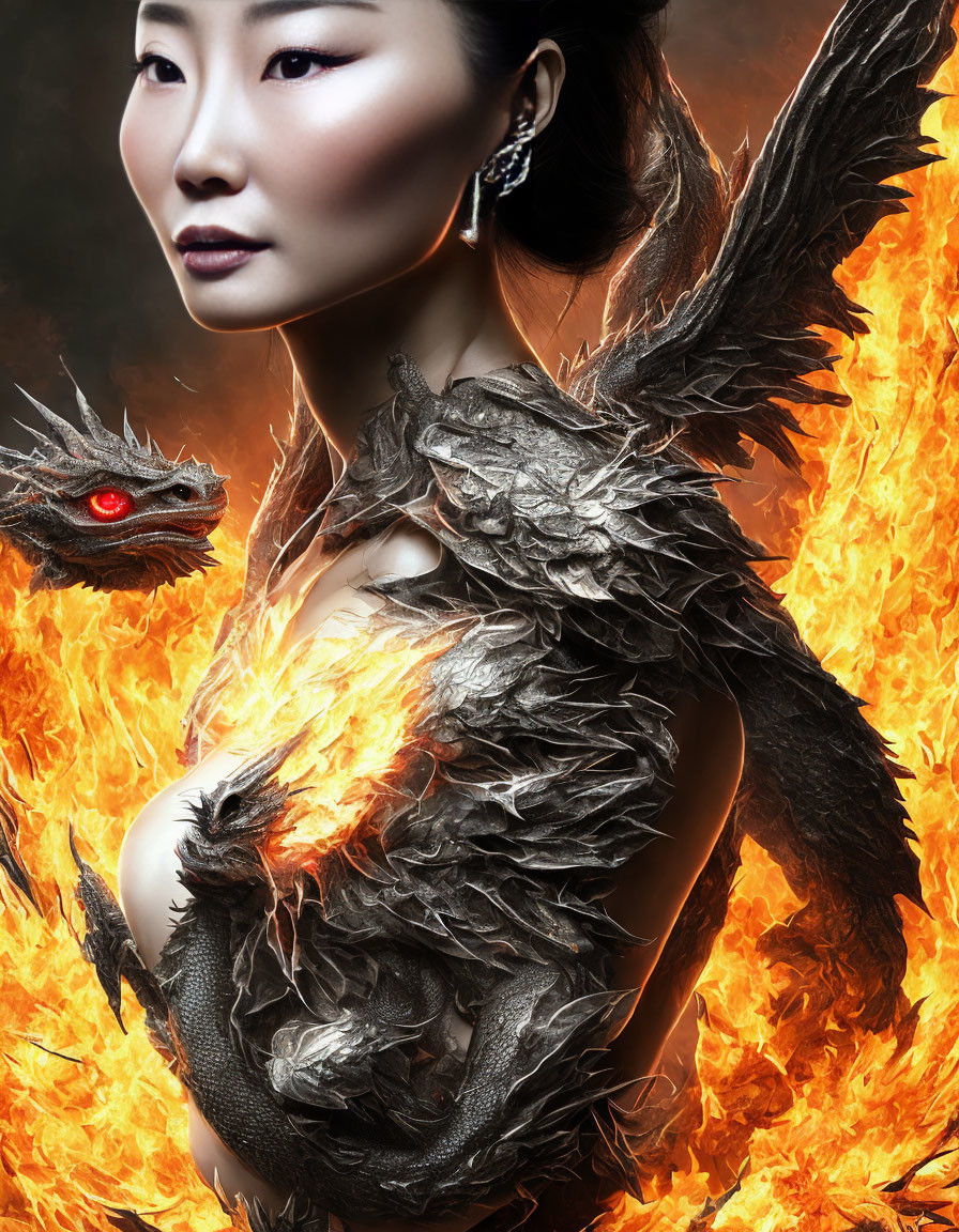 Woman with dramatic makeup posing with dragon in fiery backdrop