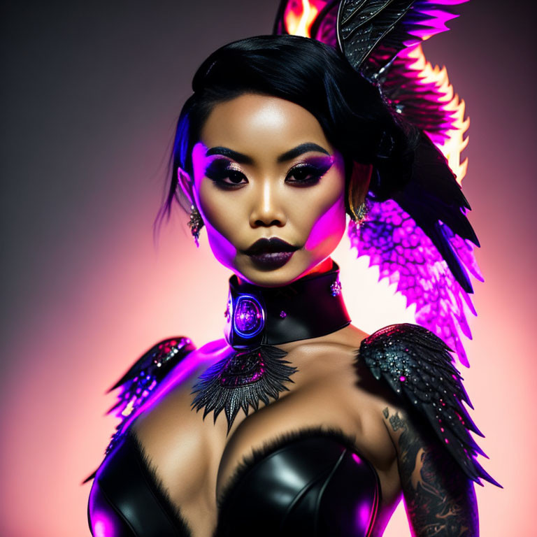 Woman in Striking Makeup and Elaborate Feathered Attire on Gradient Background