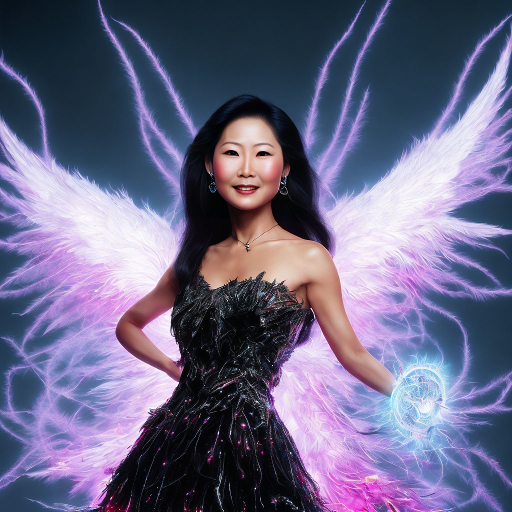 Radiant woman in dark dress with pink wings and glowing orb on dark background