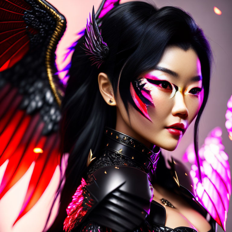 Detailed digital artwork of woman with winged eyeliner, red and black feathery wings, and