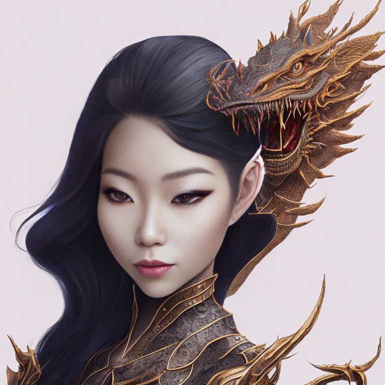 Illustration of person in dragon-themed armor with dark hair
