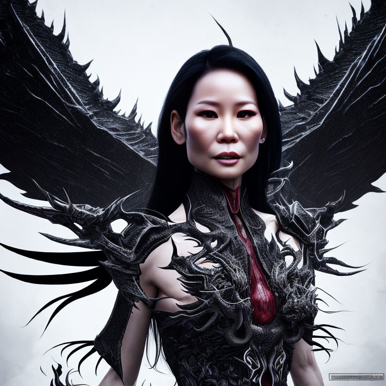 Dark angel woman in ornate black armor with red accents against pale backdrop