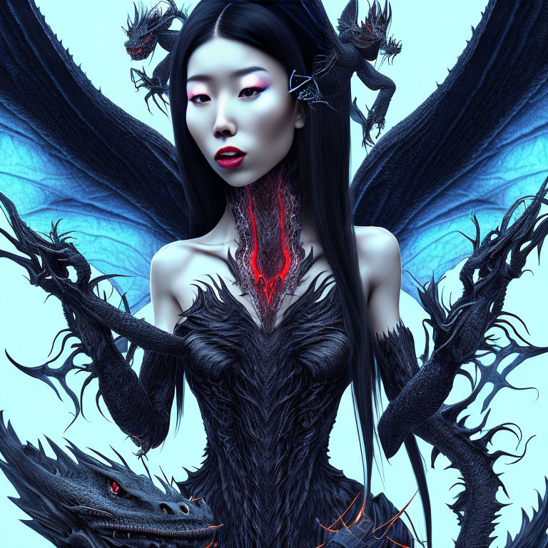 Fantastical image of woman with dark winged dragons and intricate black dress