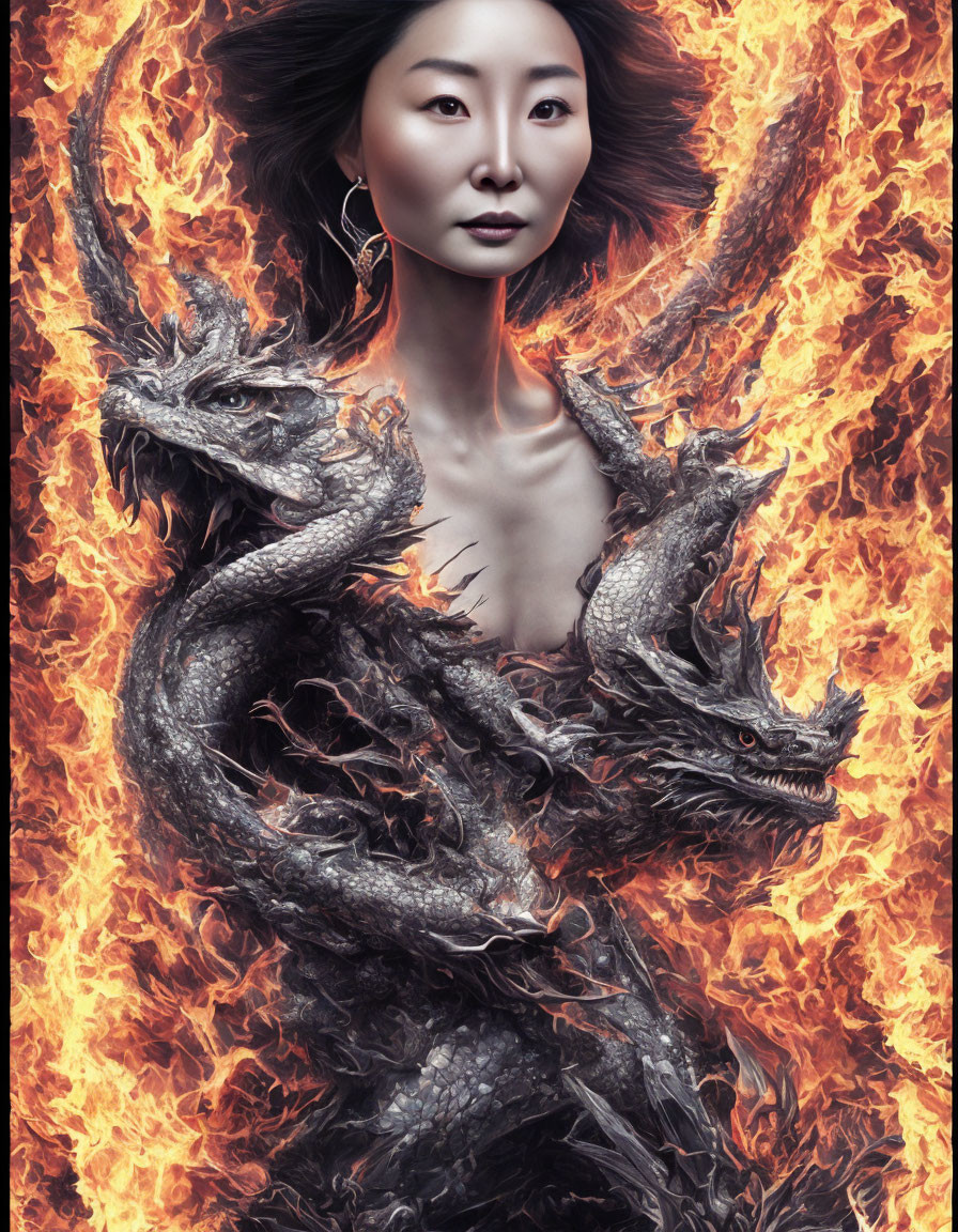 Woman with intense gaze and twin-headed dragon engulfed in flames