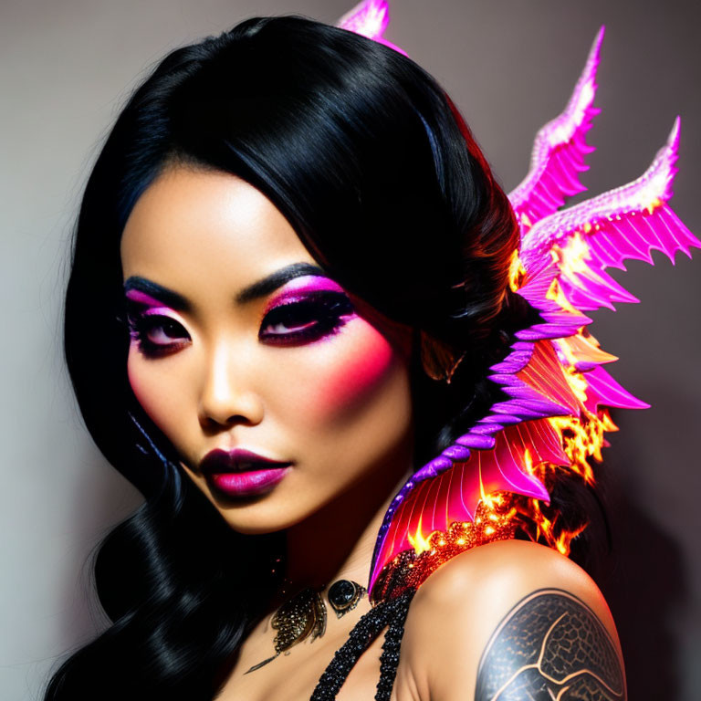 Vivid makeup portrait with digital flaming wing effect