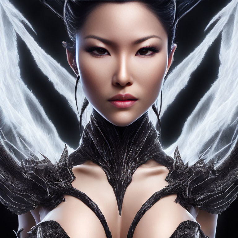 Woman portrait with feather-like embellishments, fantasy/sci-fi theme, dark ethereal aesthetic