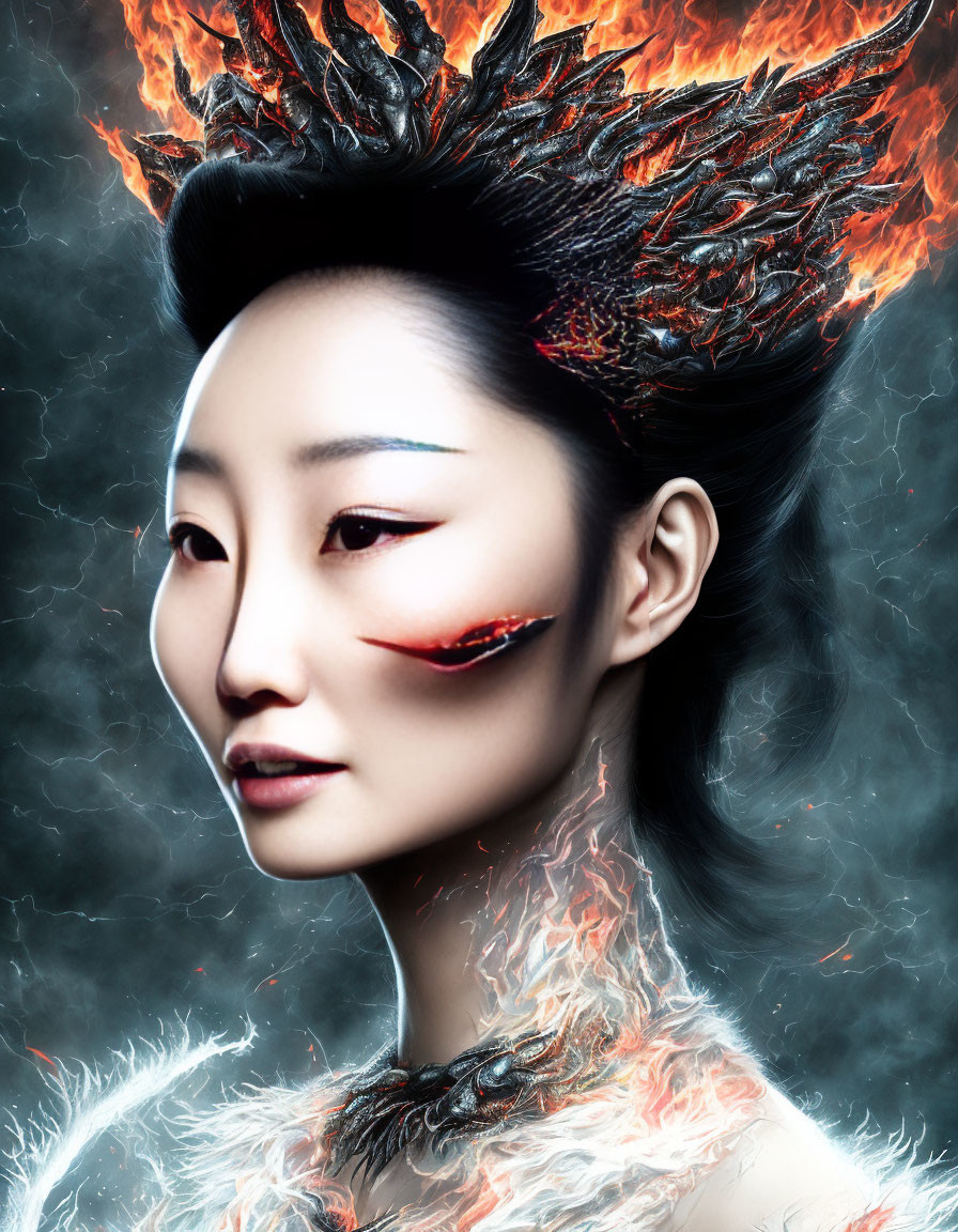 Asian woman digital portrait with fiery hairstyle and scar, flames and feathers.