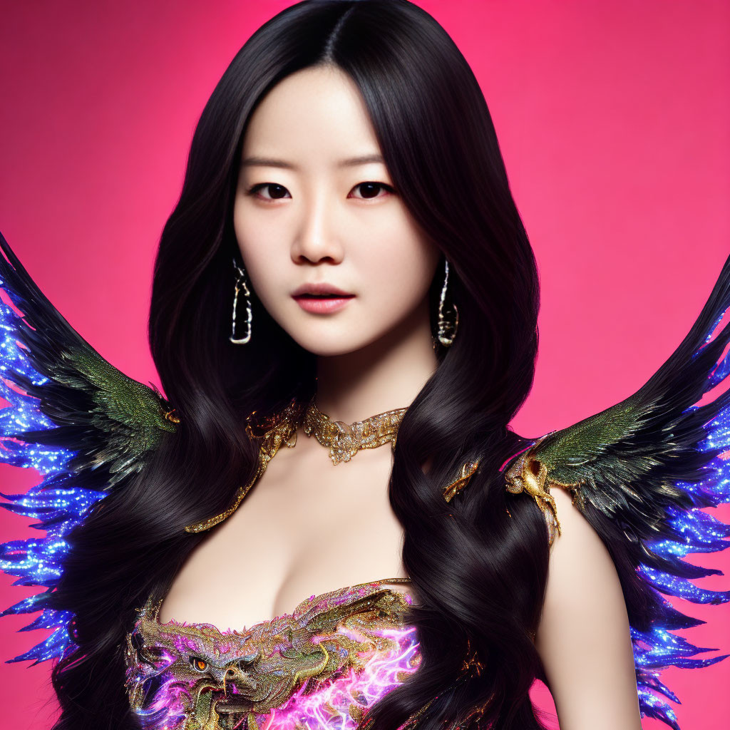 Dark-haired woman with bird-like wings on pink background