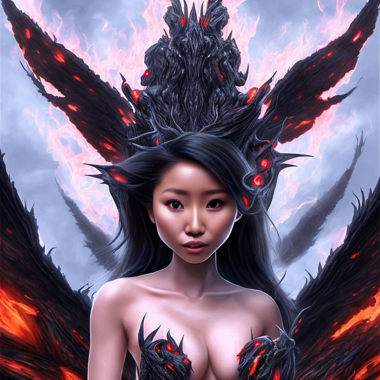 Digital Artwork: Woman with Phoenix Headdress and Fantasy Creatures