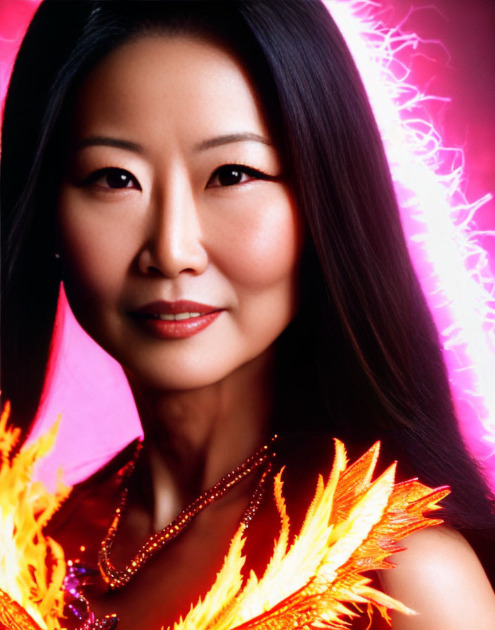 Asian woman with long black hair in fiery orange accessory against pink and purple background