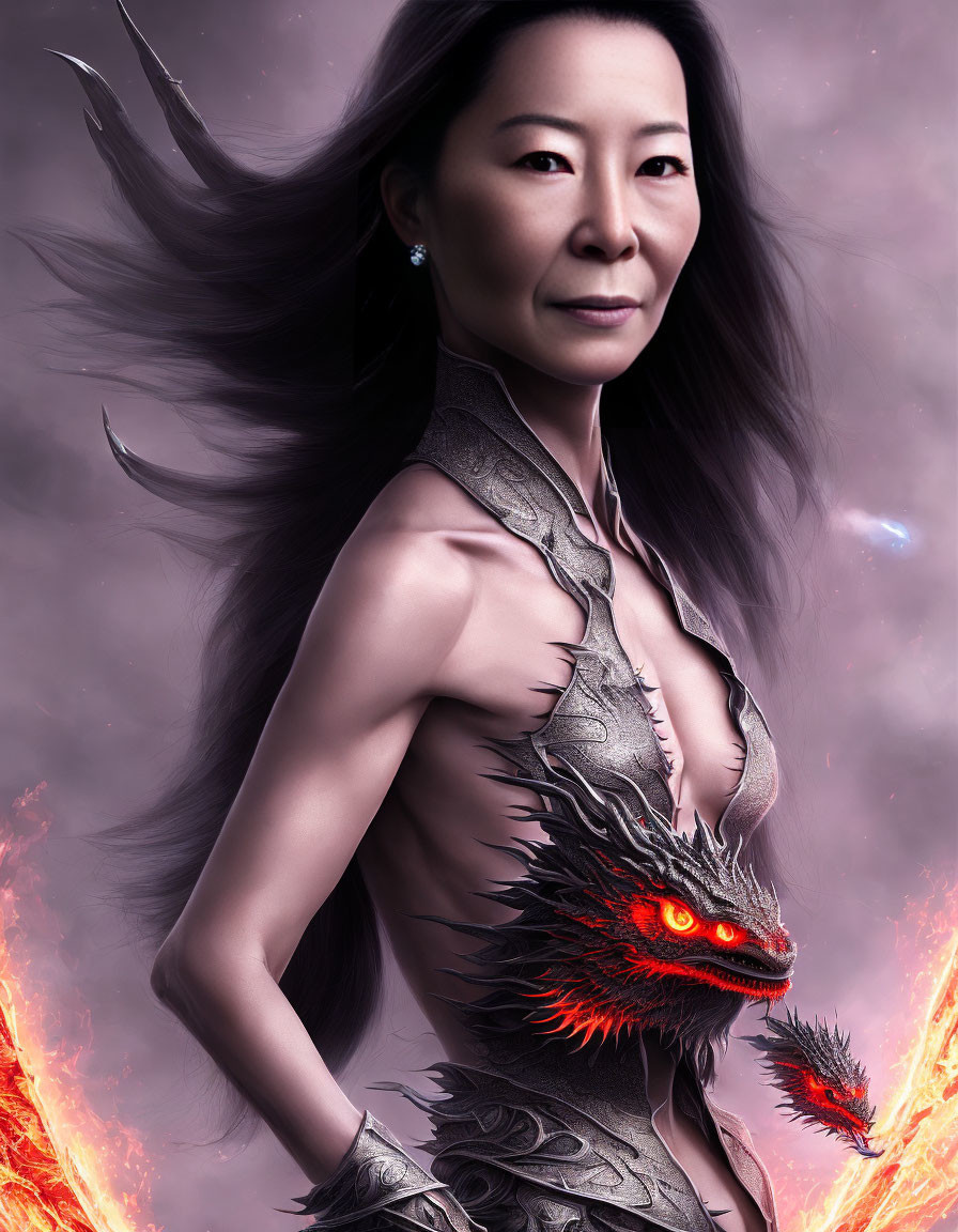 Woman with flowing hair and small dragon on shoulder in fiery backdrop.