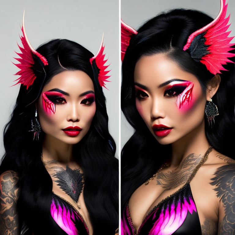 Artistic red and black makeup with dramatic eyeliner, horn-like hair accessories, tattoos, and a