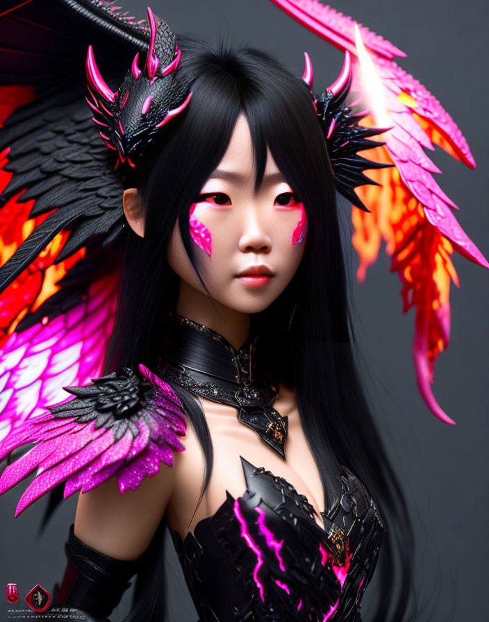 Fantasy-themed costume with black and pink armor and dragon-like shoulder pieces