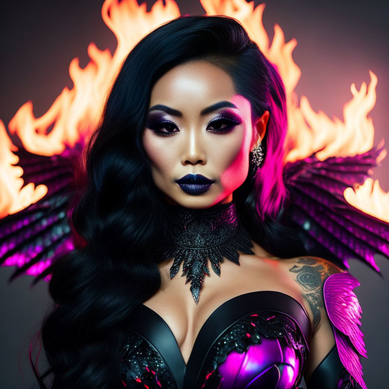 Dark Feathered Woman with Purple Makeup and Fiery Wings
