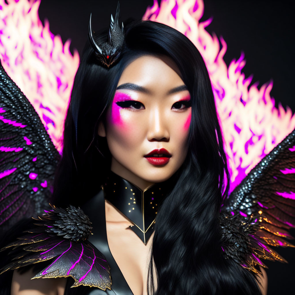 Woman with dark hair, horned headpiece, and fiery wings exudes mystical power