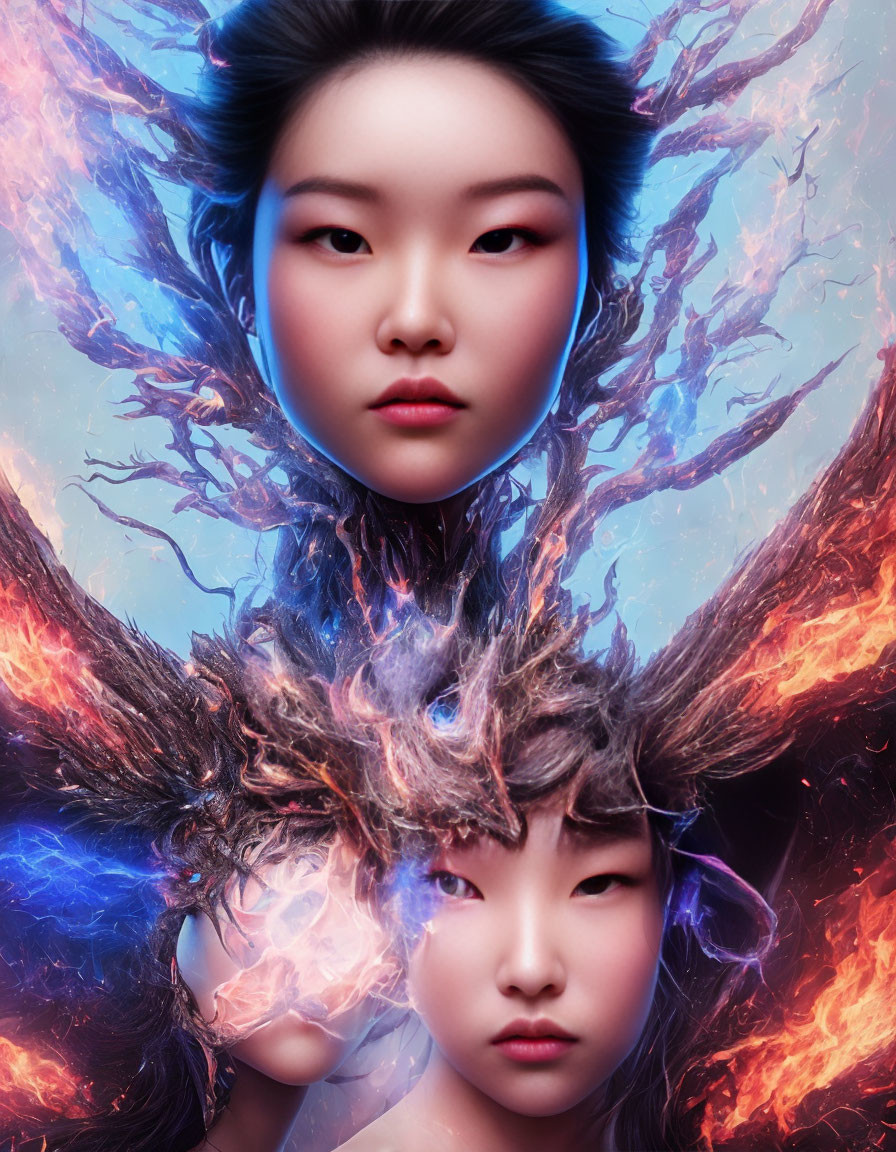 Digital art: Two female faces with fiery and icy hair effects