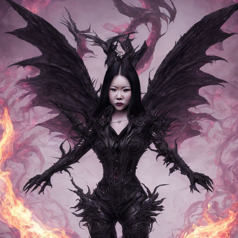 Gothic figure in dark armor with large black wings in fiery red mist