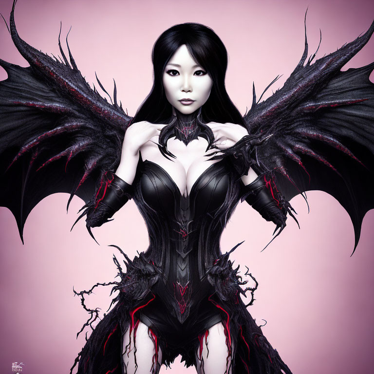 Digital artwork: Woman with dark angel wings in black and red fantasy bodice on pink background