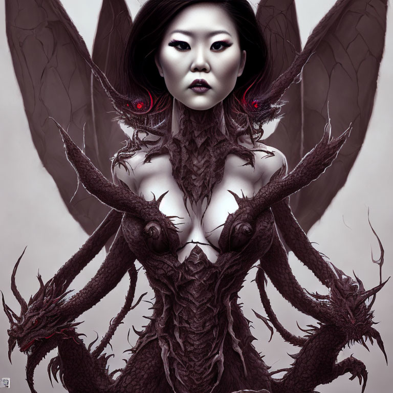 Fantasy-themed illustration of woman with dark angelic wings and dragon-inspired bodice.