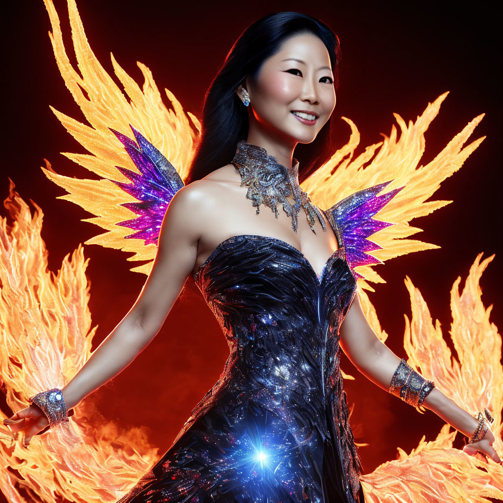 Woman in dark gown with fiery wings and jewelry on red background